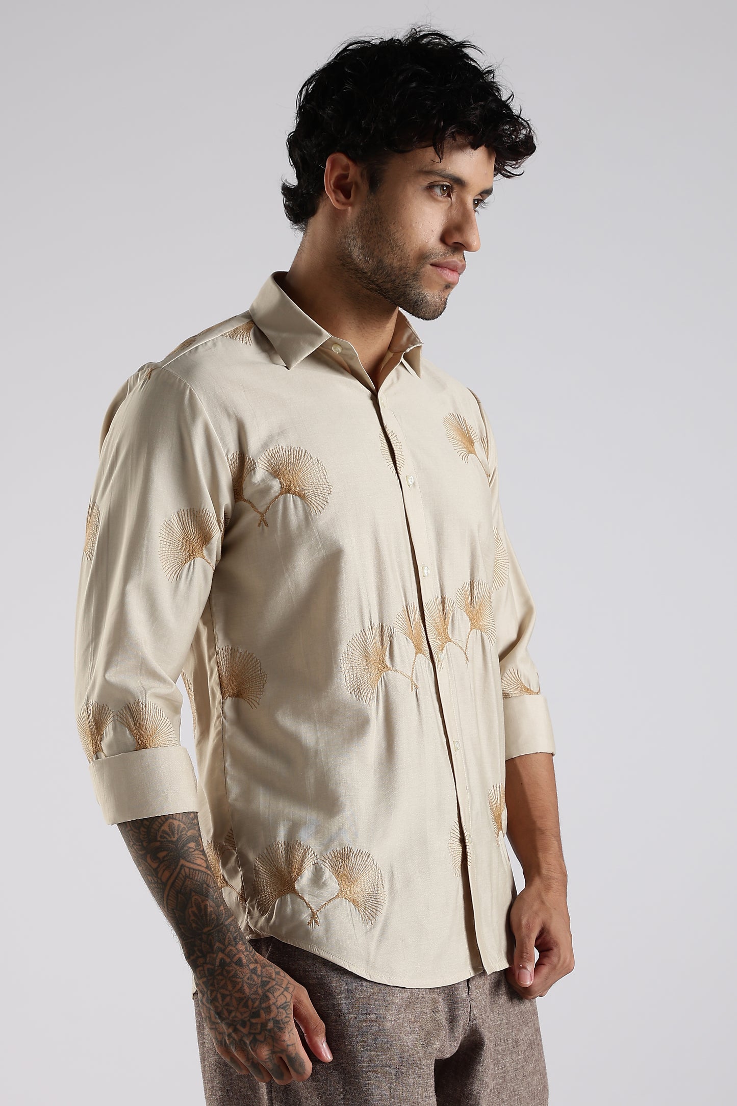Regular Fit Embroidary Designer Beige Shirt