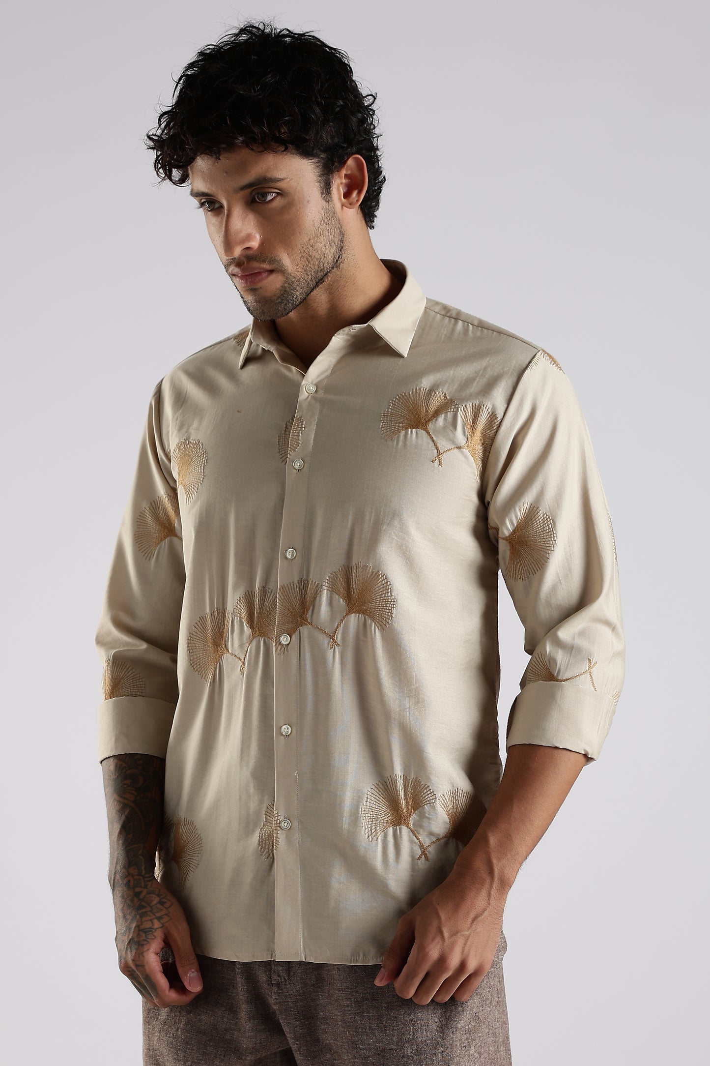 Regular Fit Embroidary Designer Beige Shirt