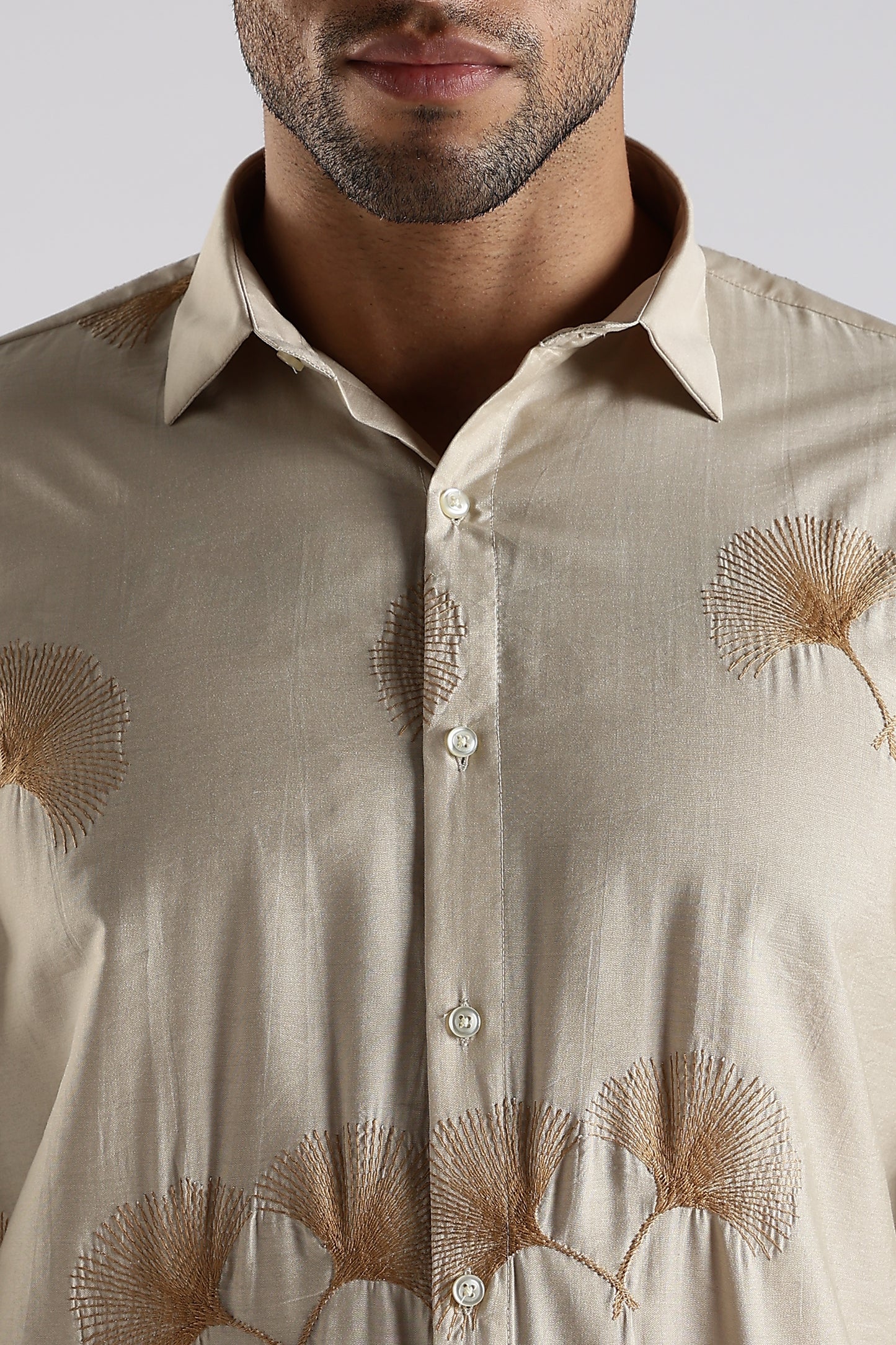 Regular Fit Embroidary Designer Beige Shirt