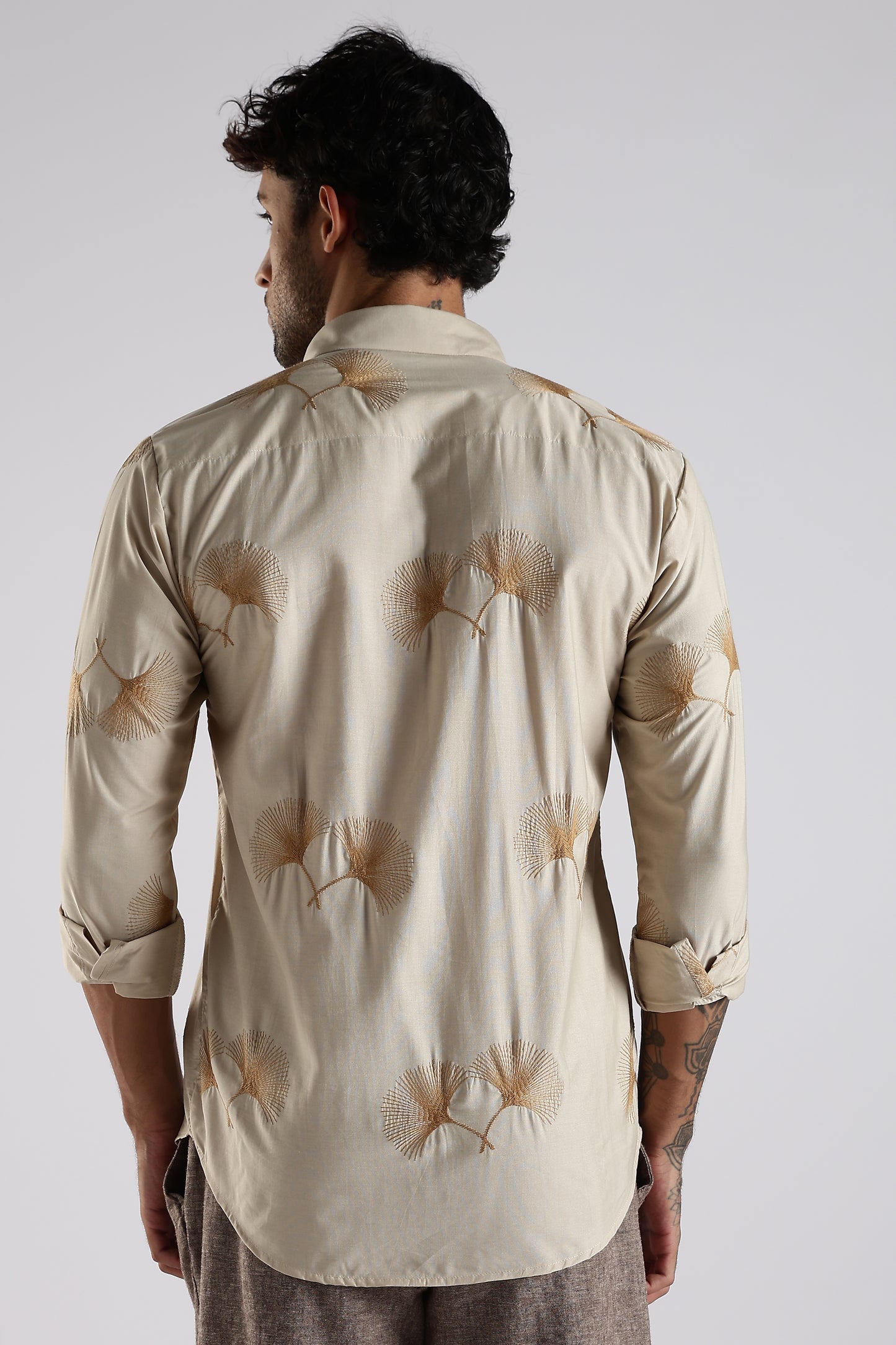 Regular Fit Embroidary Designer Beige Shirt