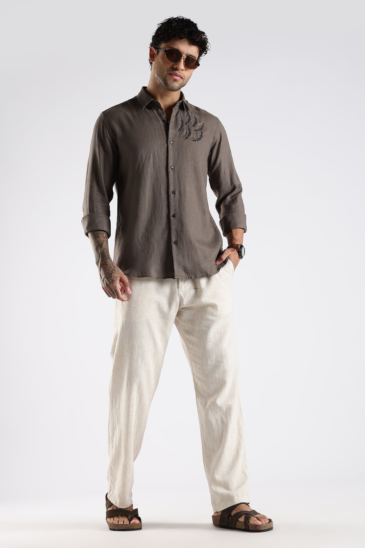 Regular Fit Embroidery Linen Blend Designer Dark Taupe Shirt