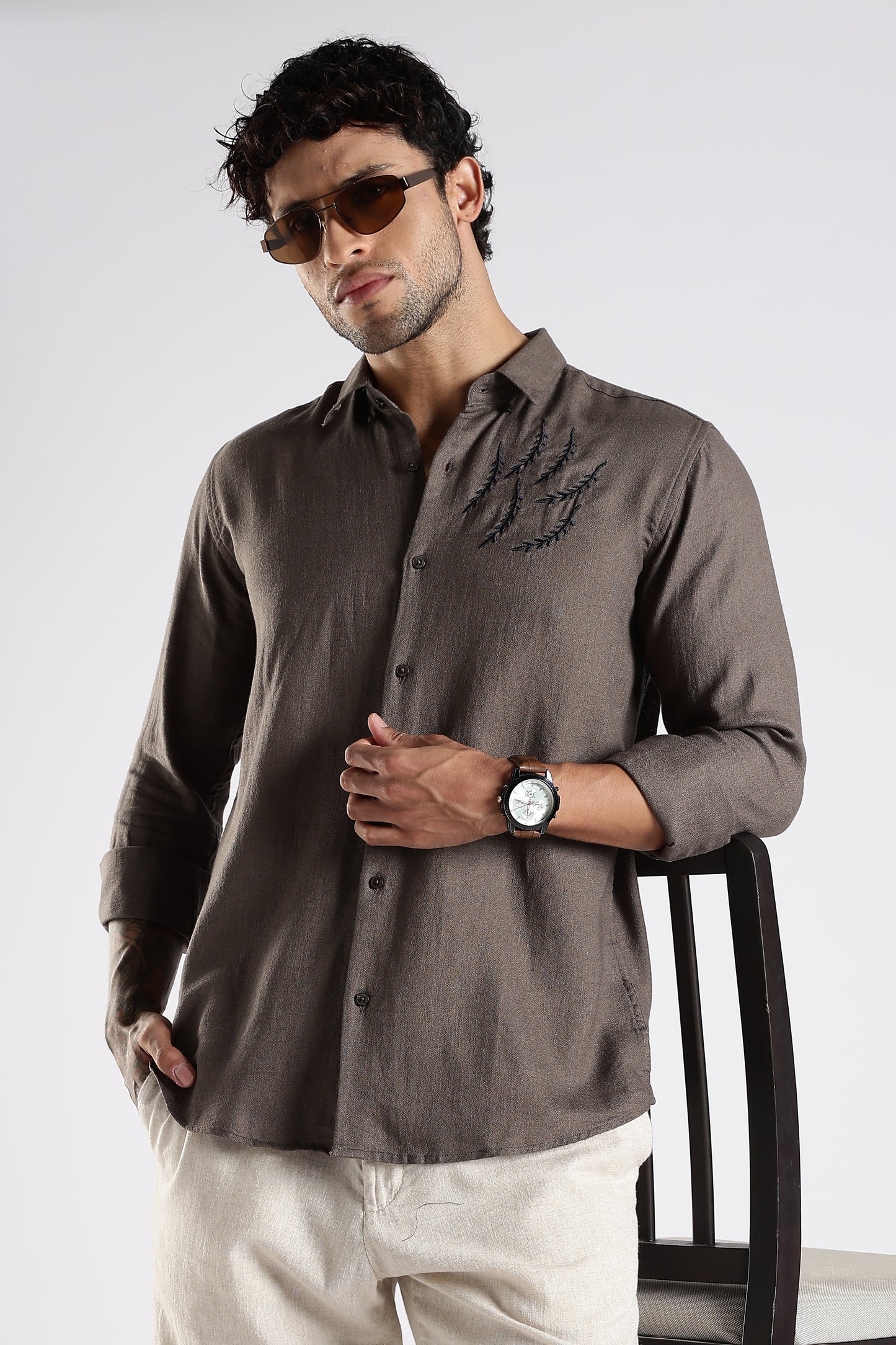 Regular Fit Embroidery Linen Blend Designer Dark Taupe Shirt