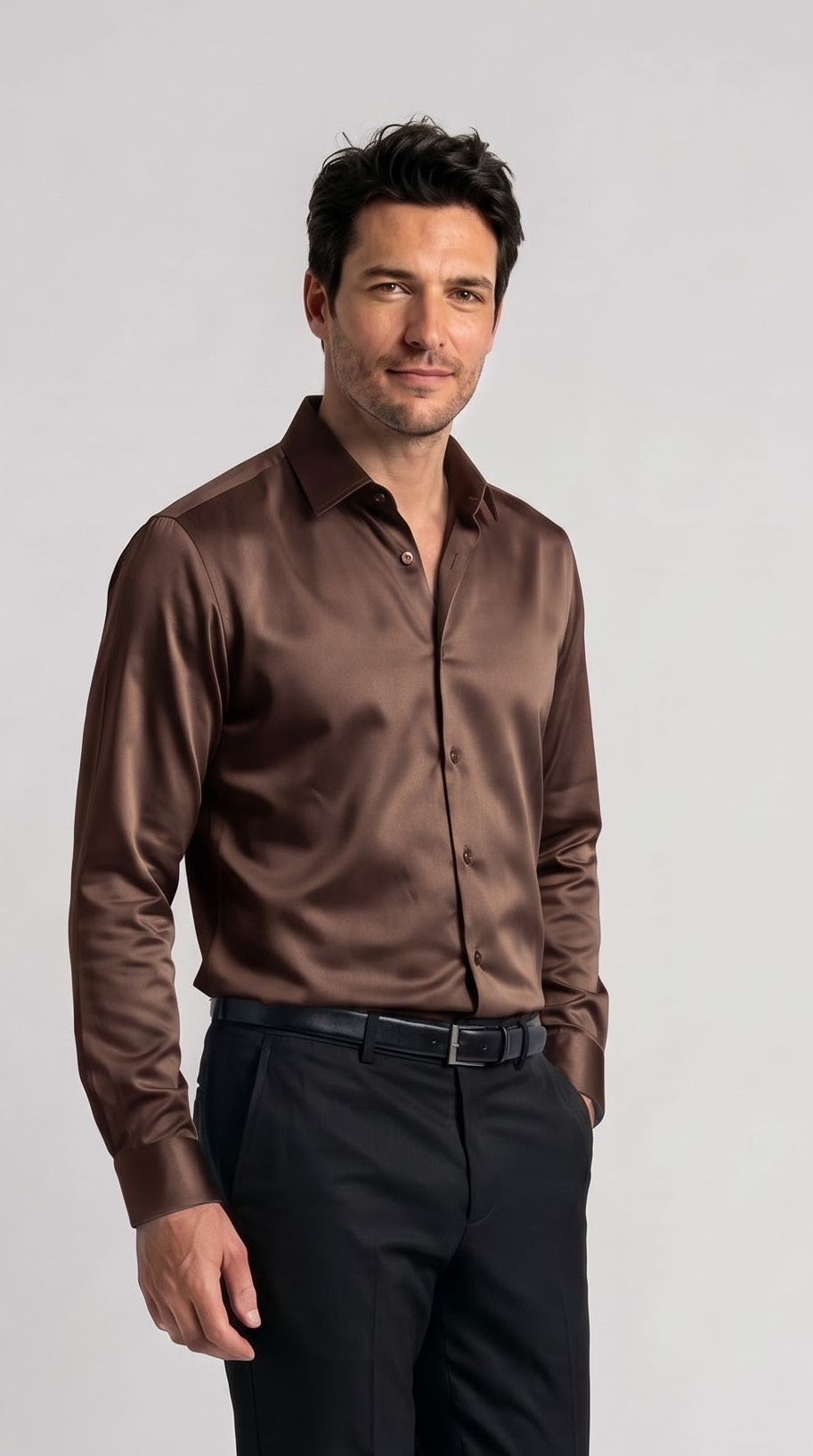 Brown Satin Regular Fit Shirt