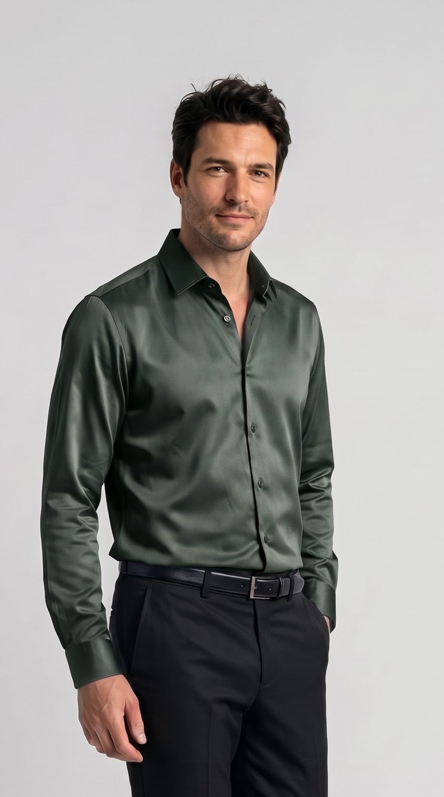 Dark Olive Satin Regular Fit Shirt