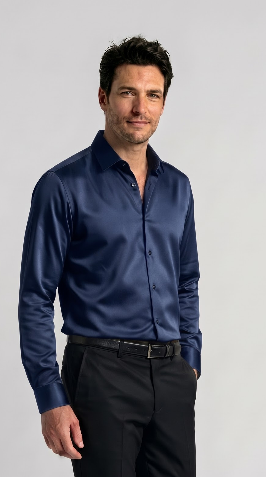 Navy Satin Regular Fit Shirt